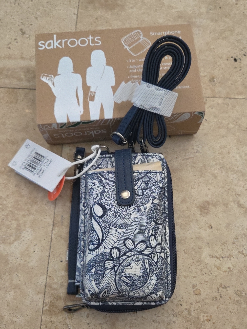 Sakroots Navy and Cream Floral Card Wallet Crossbody